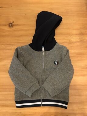 NWT Jacadi Kids Grey Zip Hoodie with Navy Hood and Stripe Hem